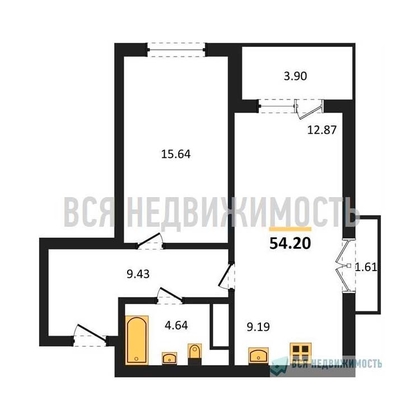 1-комнатная квартира, 53.98кв.м - изображение