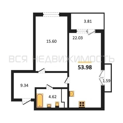 1-комнатная квартира, 53.98кв.м - изображение
