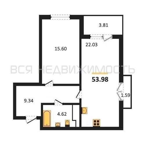 1-комнатная квартира, 53.98кв.м - изображение 0