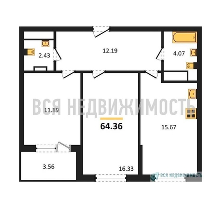 2-комнатная квартира, 64.36кв.м - изображение