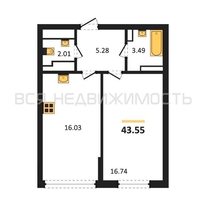 1-комнатная квартира, 43.55кв.м - изображение