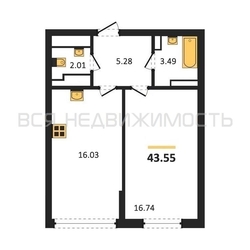 1-комнатная квартира, 43.55кв.м - изображение 1