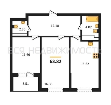 2-комнатная квартира, 63.82кв.м - изображение
