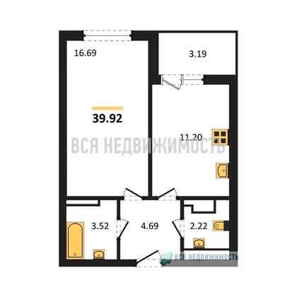 1-комнатная квартира, 39.92кв.м - изображение