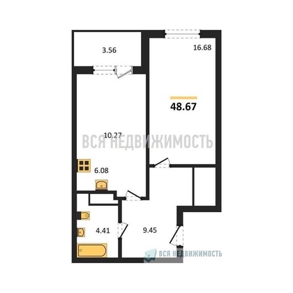 1-комнатная квартира, 48.67кв.м - изображение