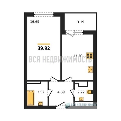 1-комнатная квартира, 39.92кв.м - изображение