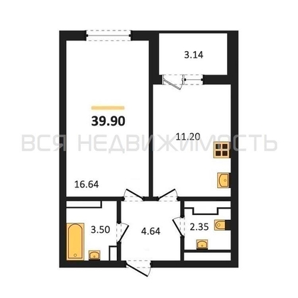 1-комнатная квартира, 39.9кв.м - изображение