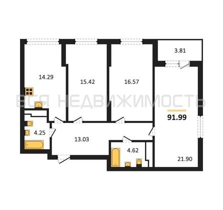 3-комнатная квартира, 91.99кв.м - изображение