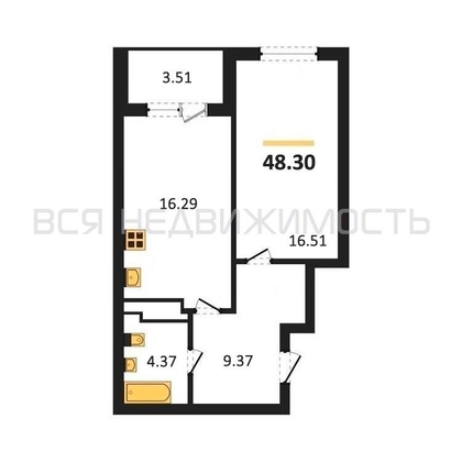 1-комнатная квартира, 48.3кв.м - изображение