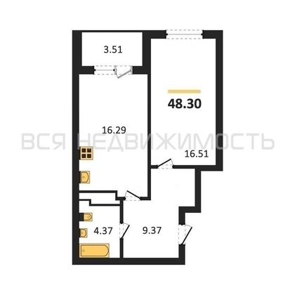 1-комнатная квартира, 48.3кв.м - изображение