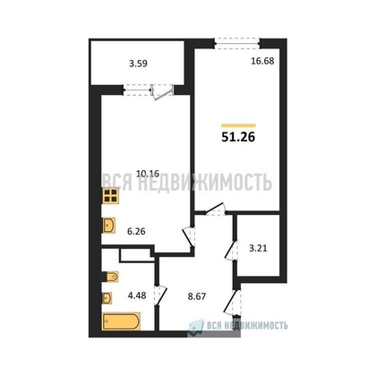 1-комнатная квартира, 51.26кв.м - изображение