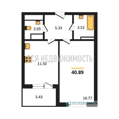 1-комнатная квартира, 43.55кв.м - изображение