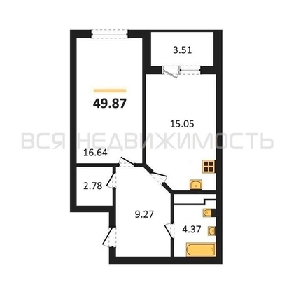 1-комнатная квартира, 49.87кв.м - изображение