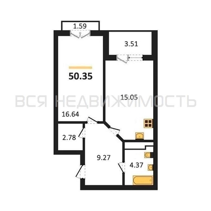 1-комнатная квартира, 50.35кв.м - изображение