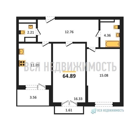 2-комнатная квартира, 64.89кв.м - изображение