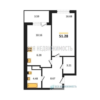 1-комнатная квартира, 50.91кв.м - изображение