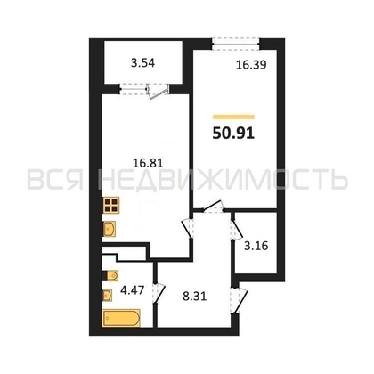 1-комнатная квартира, 50.91кв.м - изображение