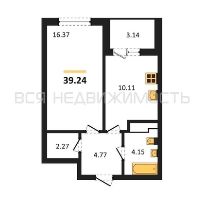 1-комнатная квартира, 39.24кв.м - изображение