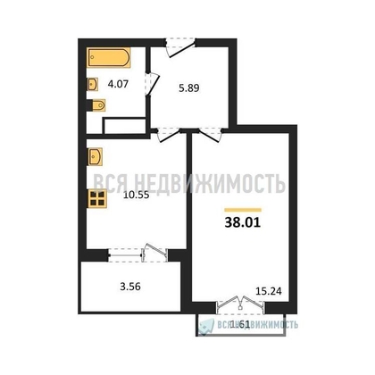 1-комнатная квартира, 38.01кв.м - изображение