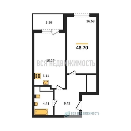 1-комнатная квартира, 48.7кв.м - изображение