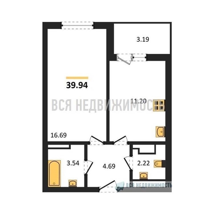 1-комнатная квартира, 39.94кв.м - изображение