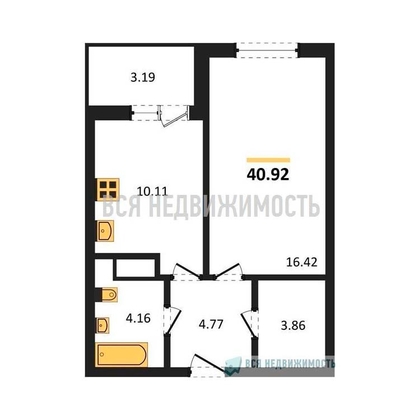 1-комнатная квартира, 40.92кв.м - изображение