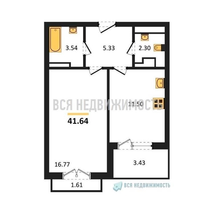 1-комнатная квартира, 41.64кв.м - изображение