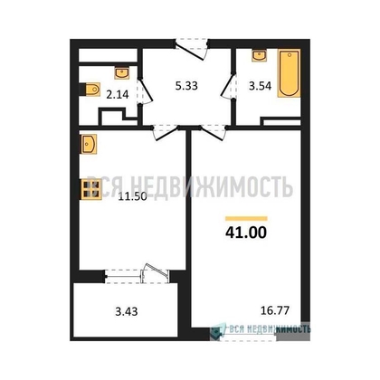 1-комнатная квартира, 43.66кв.м - изображение