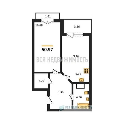 1-комнатная квартира, 50.97кв.м - изображение