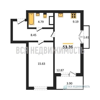 1-комнатная квартира, 53.36кв.м - изображение