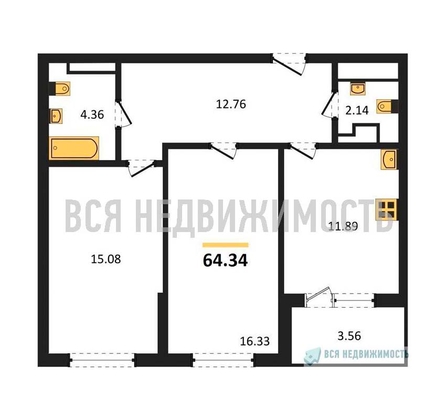 2-комнатная квартира, 64.34кв.м - изображение