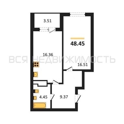 1-комнатная квартира, 48.45кв.м - изображение