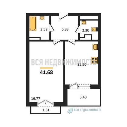 1-комнатная квартира, 41.68кв.м - изображение