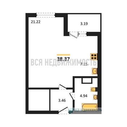 1-комнатная квартира, 39.37кв.м - изображение
