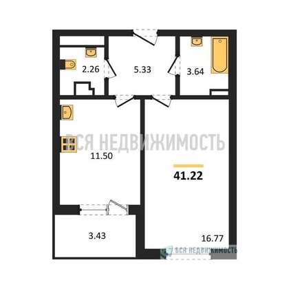 1-комнатная квартира, 41.22кв.м - изображение