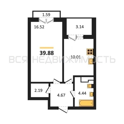 1-комнатная квартира, 39.88кв.м - изображение