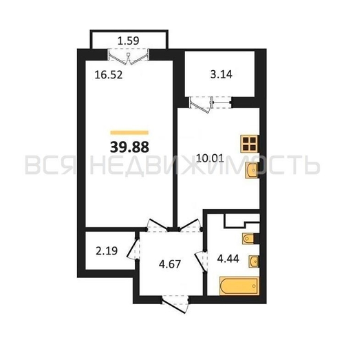 1-комнатная квартира, 39.88кв.м - изображение 0