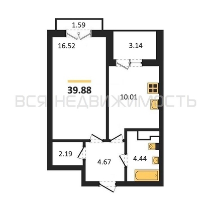 1-комнатная квартира, 39.88кв.м - изображение