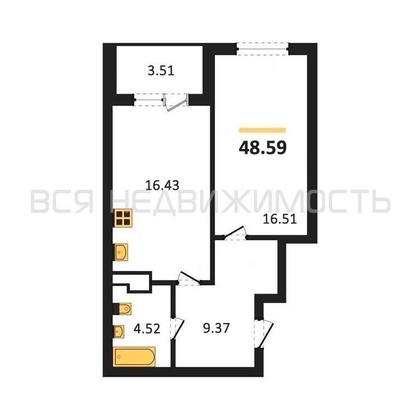 1-комнатная квартира, 48.59кв.м - изображение