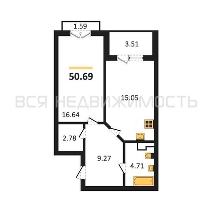 1-комнатная квартира, 50.69кв.м - изображение