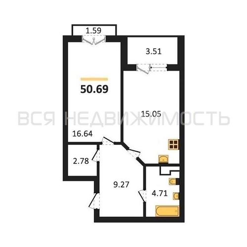 1-комнатная квартира, 50.69кв.м - изображение 0