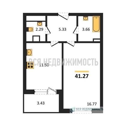 1-комнатная квартира, 41.08кв.м - изображение