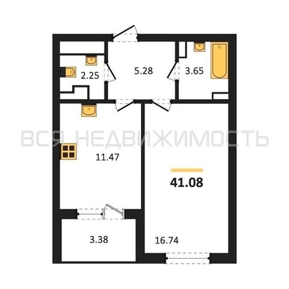 1-комнатная квартира, 41.08кв.м - изображение