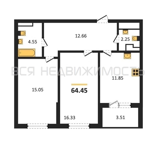 2-комнатная квартира, 64.45кв.м - изображение 0