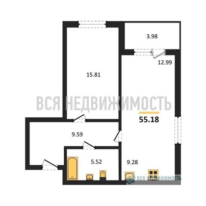 1-комнатная квартира, 55.18кв.м - изображение