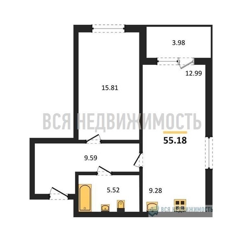 1-комнатная квартира, 55.18кв.м - изображение 0