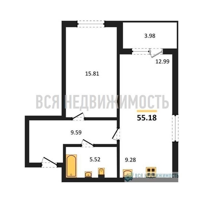 1-комнатная квартира, 54.18кв.м - изображение