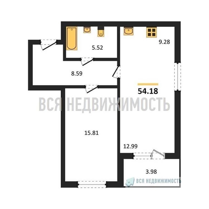 1-комнатная квартира, 54.18кв.м - изображение