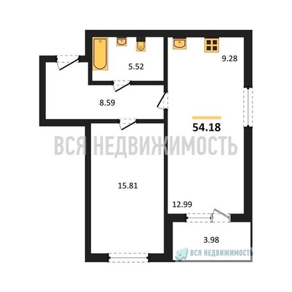 1-комнатная квартира, 53.23кв.м - изображение