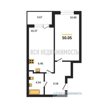 1-комнатная квартира, 50.05кв.м - изображение